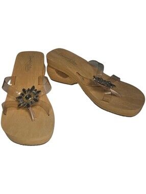 Y2K Somethin' Else By Sketchers Clear Strap Gem Flower Wood Grain Thong Sandals